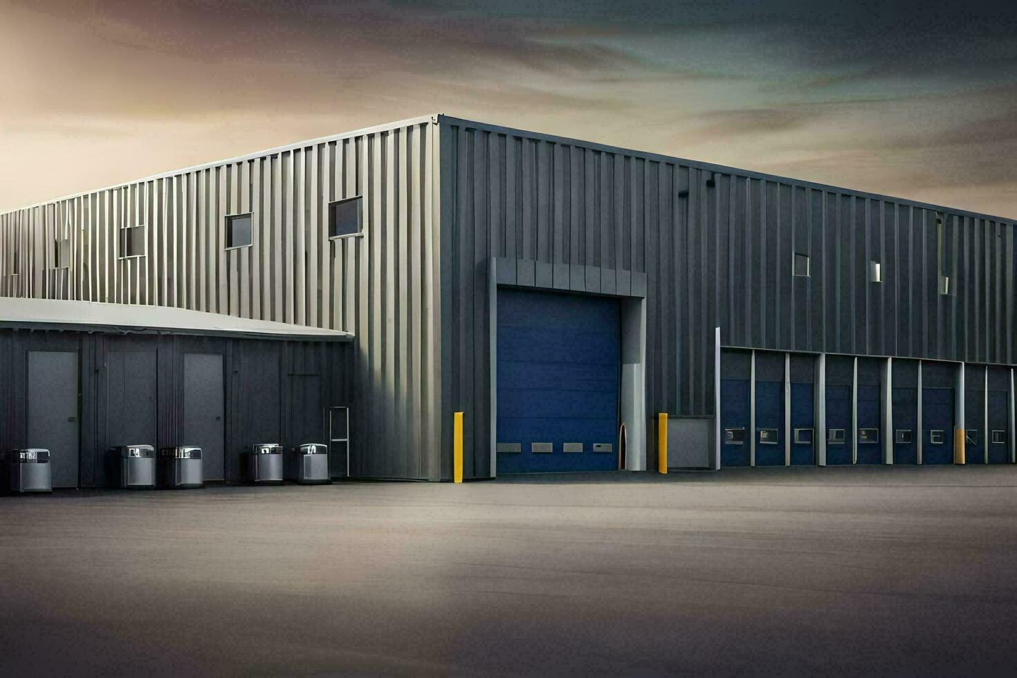 a large industrial building with two doors. AI-Generated photo