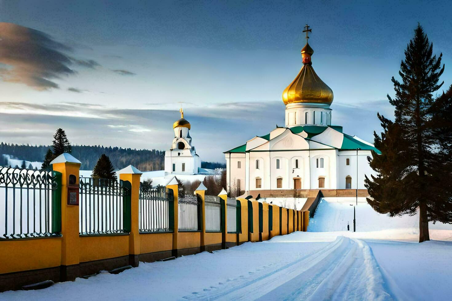 a snowy road leads to a church with a golden dome. AI-Generated photo