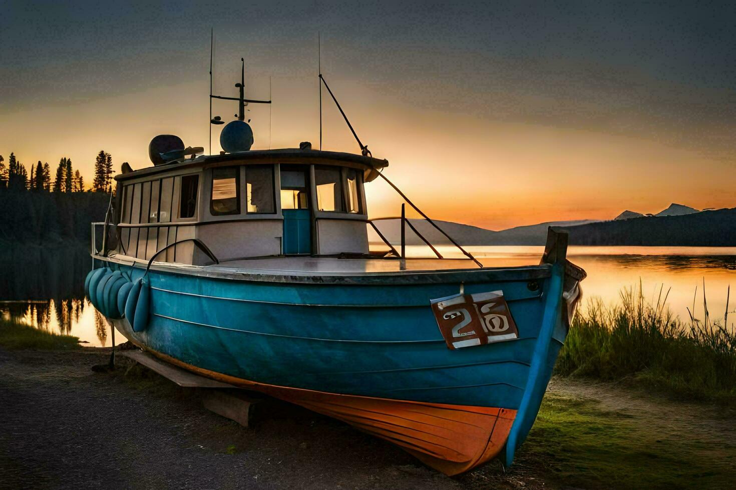 a boat sits on the shore at sunset. AI-Generated photo
