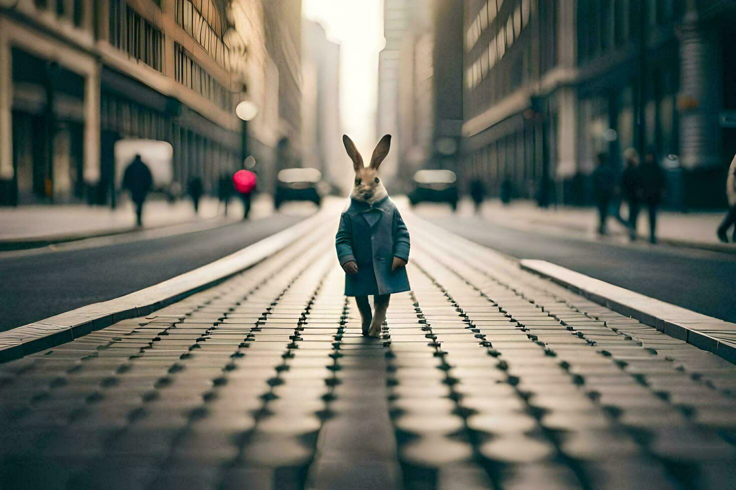 a rabbit in a coat standing on a street. AI-Generated photo