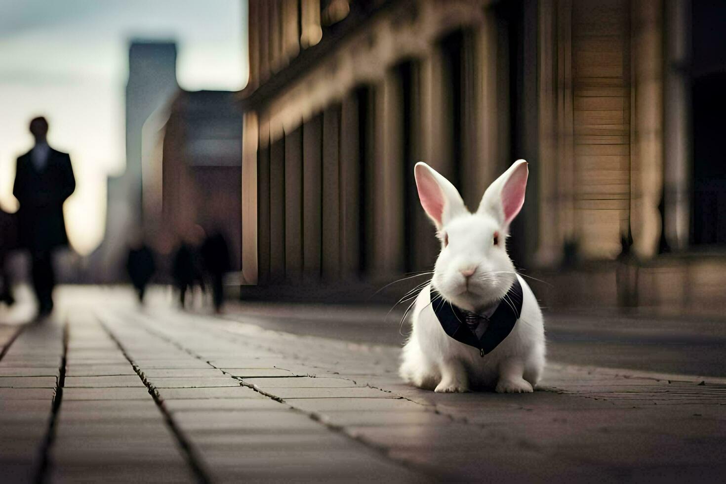 a white rabbit sitting on the sidewalk in front of a building. AI-Generated photo