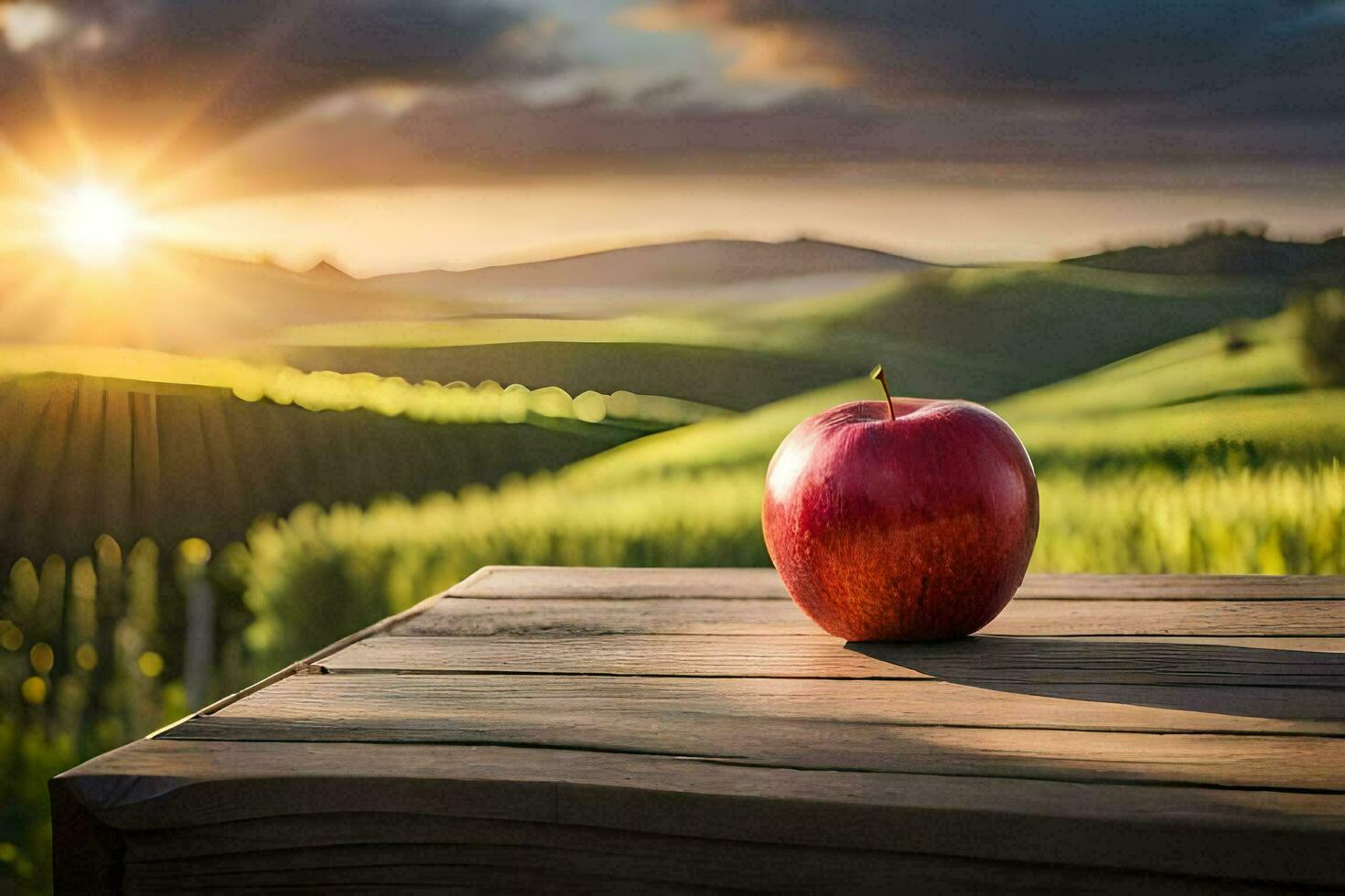apple on a wooden table in the field. AI-Generated photo