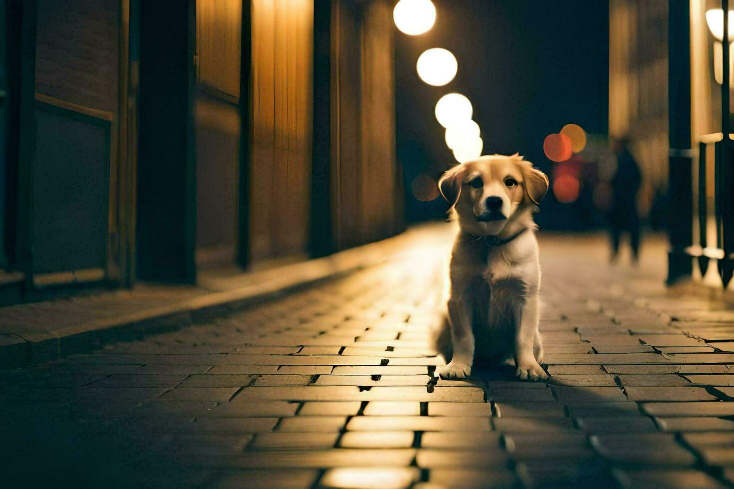 a dog sitting on the street at night. AI-Generated photo