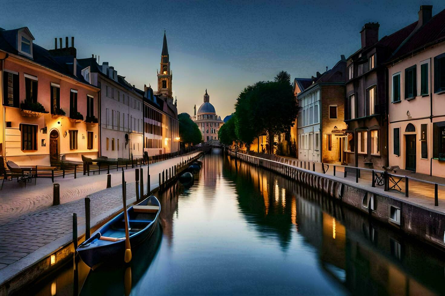 a canal in the middle of a city at dusk. AI-Generated photo