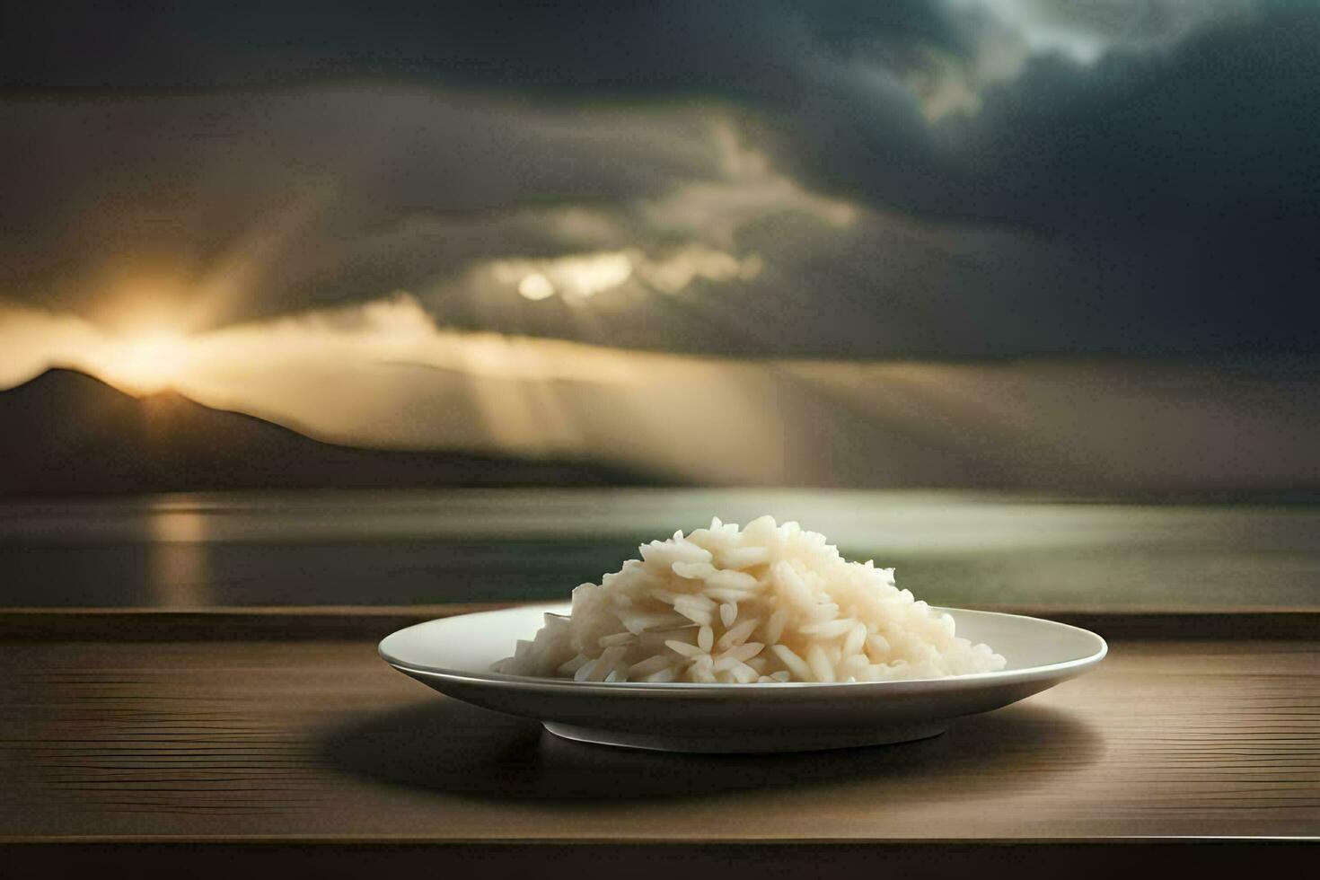a plate of rice on a table with a view of the ocean. AI-Generated photo