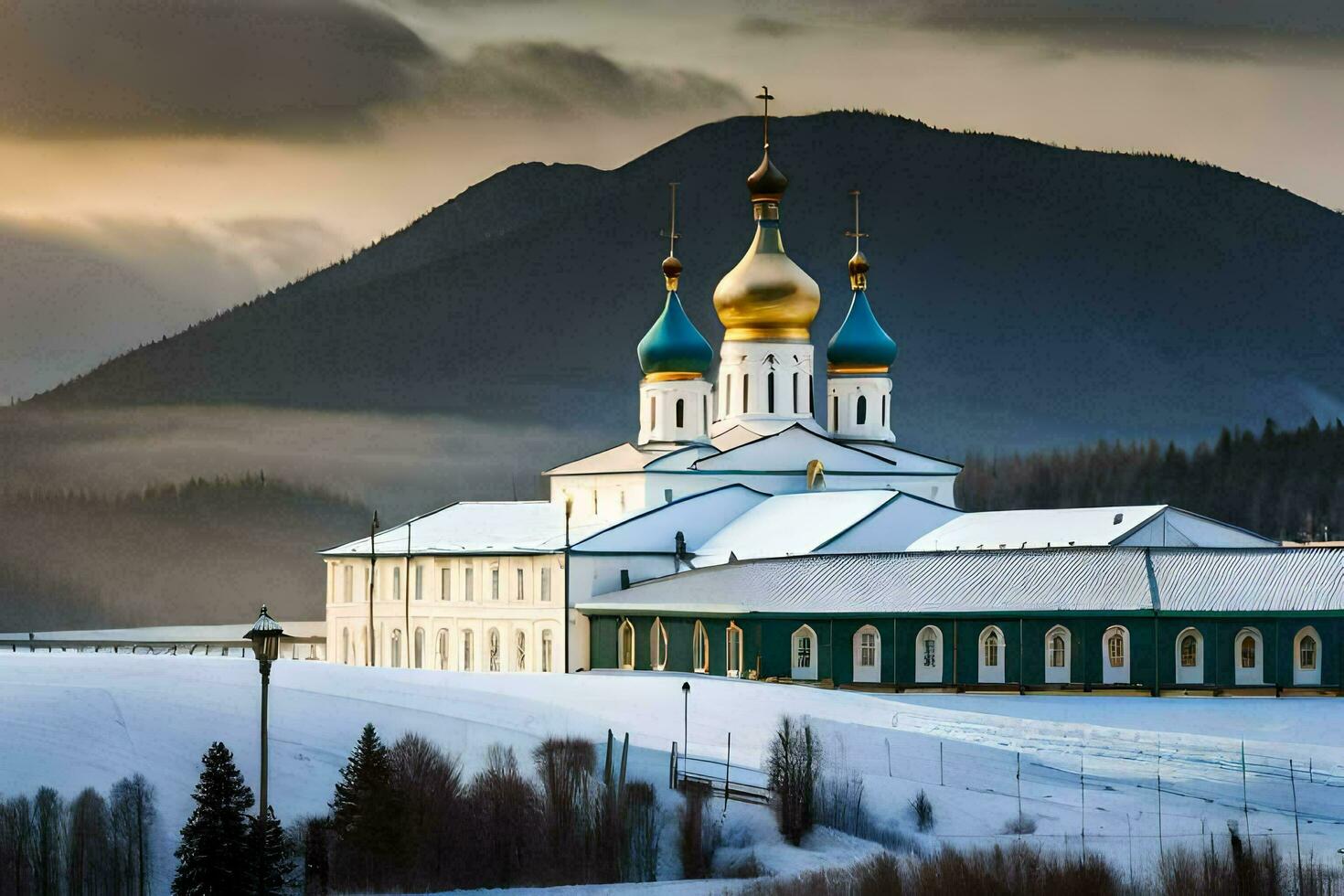 a church in the snow with mountains in the background. AI-Generated photo