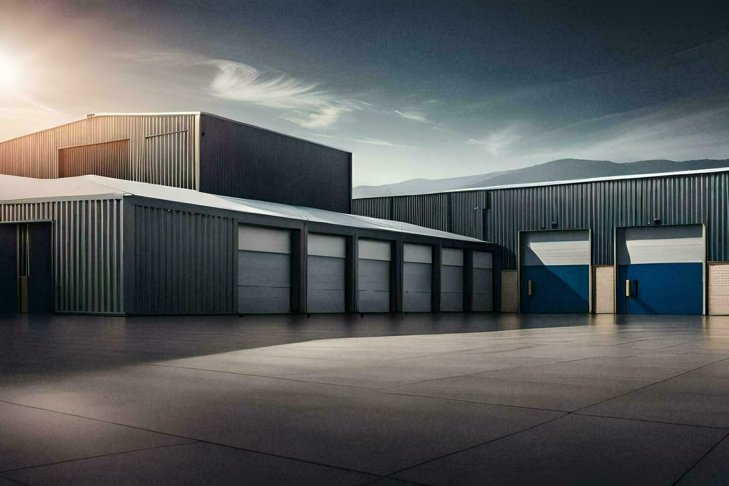 a large warehouse with two doors and a sun shining. AI-Generated photo