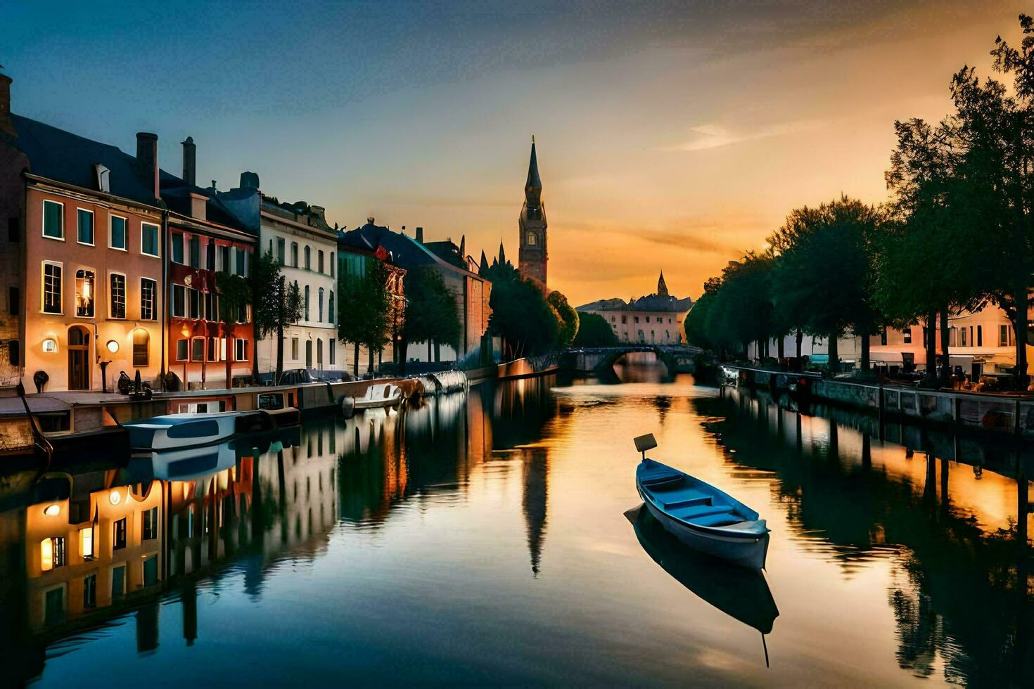 a boat is sitting on the water in a canal at sunset. AI-Generated photo