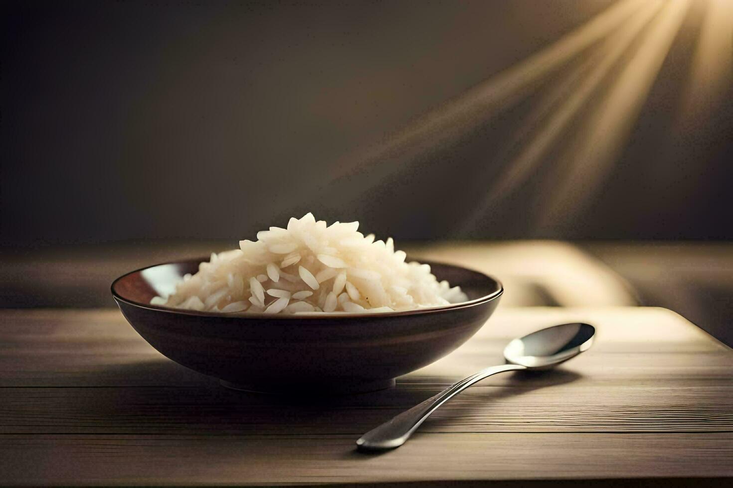 a bowl of rice on a table. AI-Generated photo