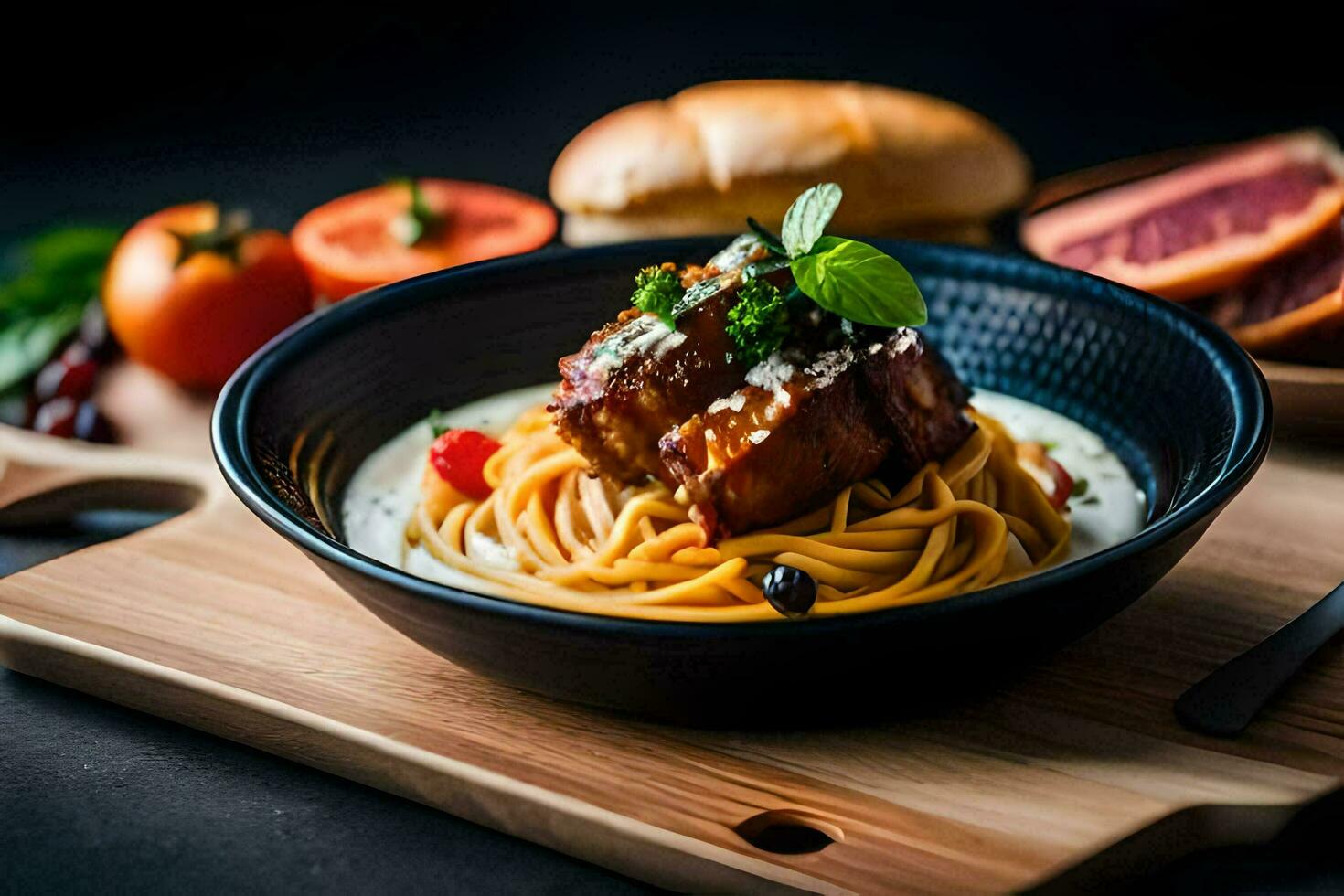 a plate of spaghetti with meat and vegetables on a wooden cutting board. AI-Generated photo