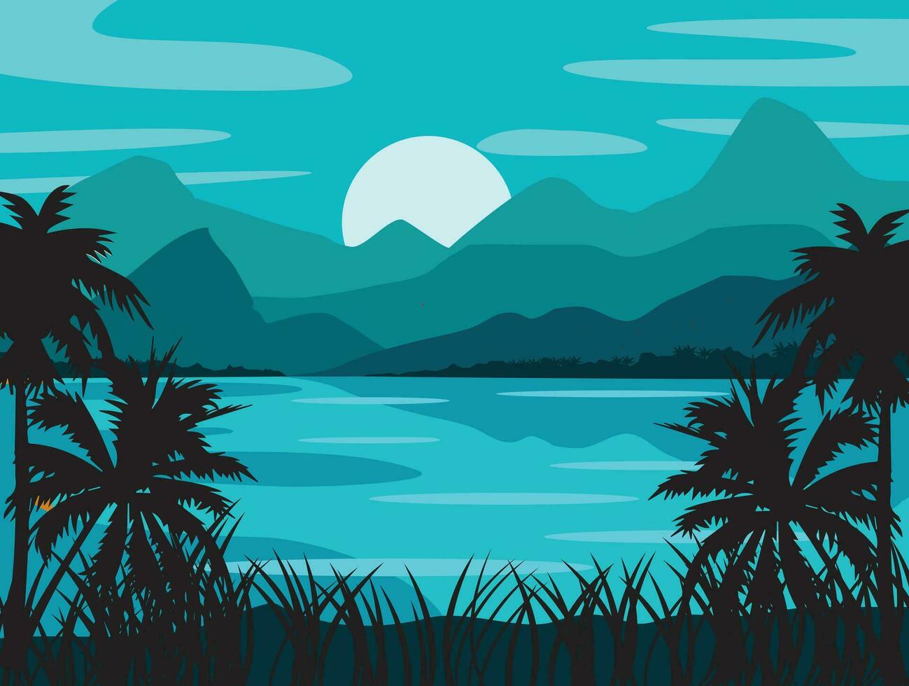 Landscape of palm trees, mountain, sea, sun, sky vector shape in blue color. Suitable for background design, backdrop, booklet, leaflet.