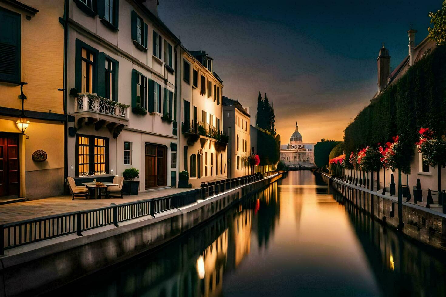 un canal en un ciudad a puesta de sol. generado por ai foto