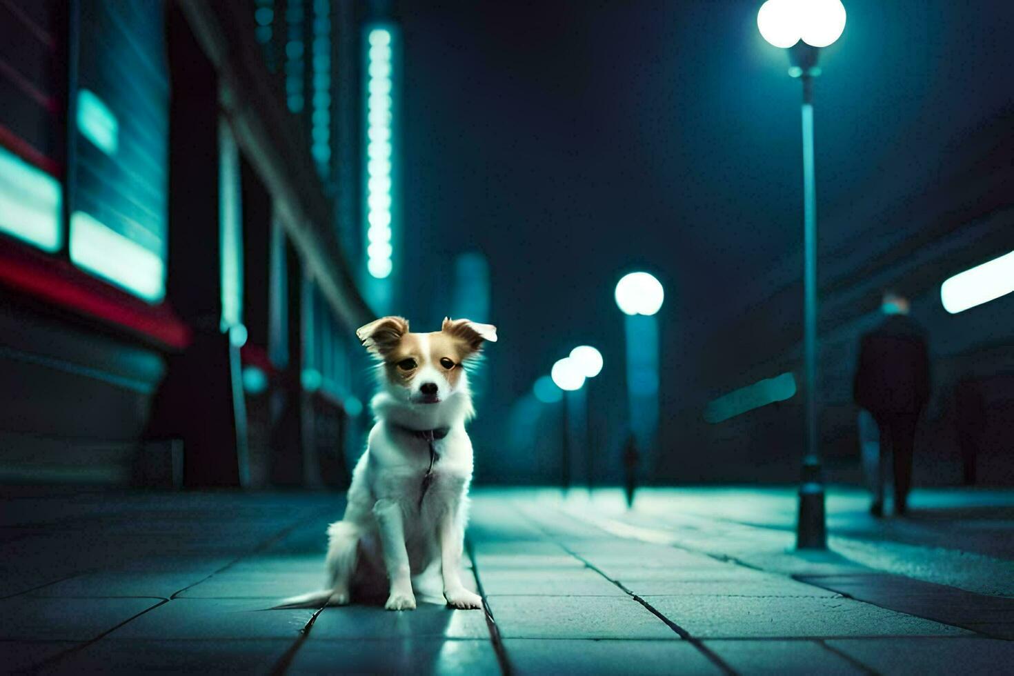 a dog sitting on the sidewalk at night. AI-Generated photo