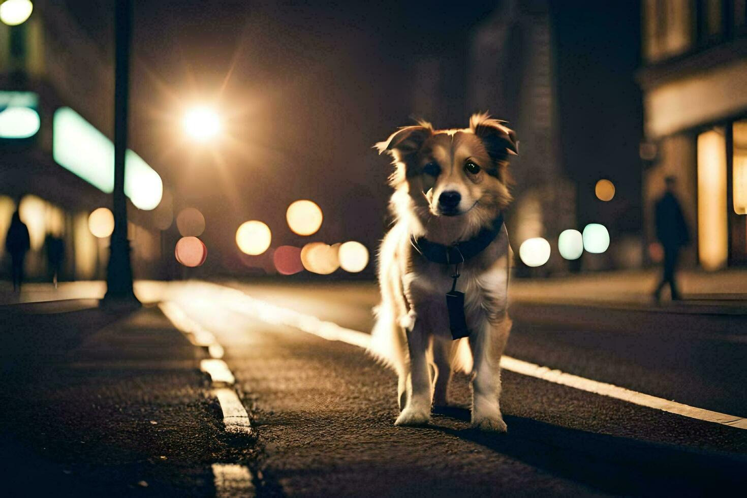 a dog standing on the street at night. AI-Generated photo