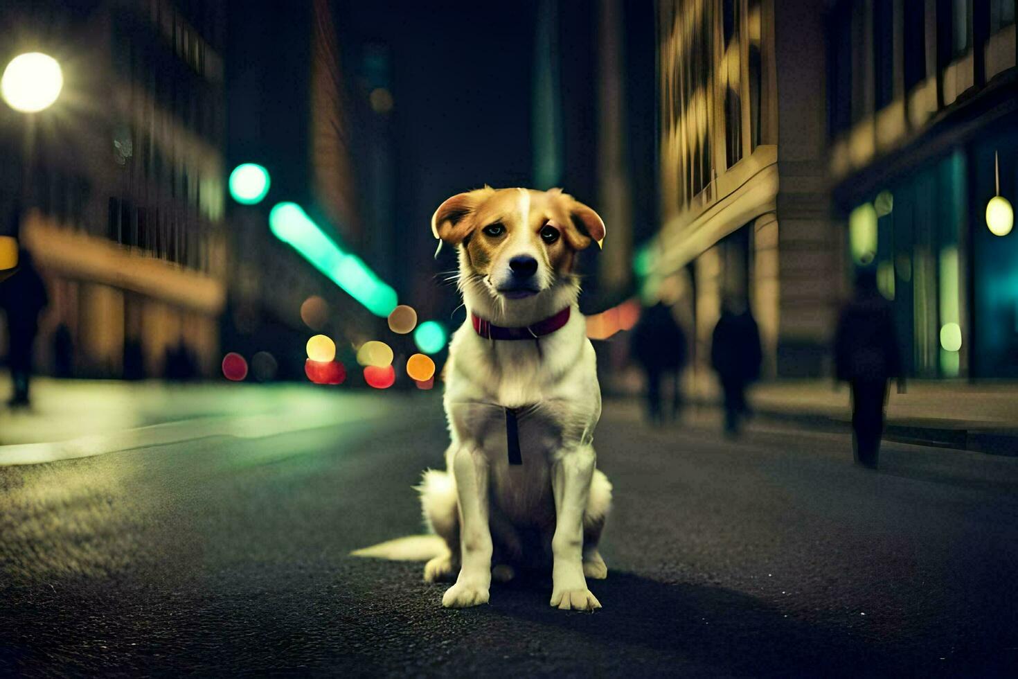 a dog sitting on the street at night. AI-Generated photo