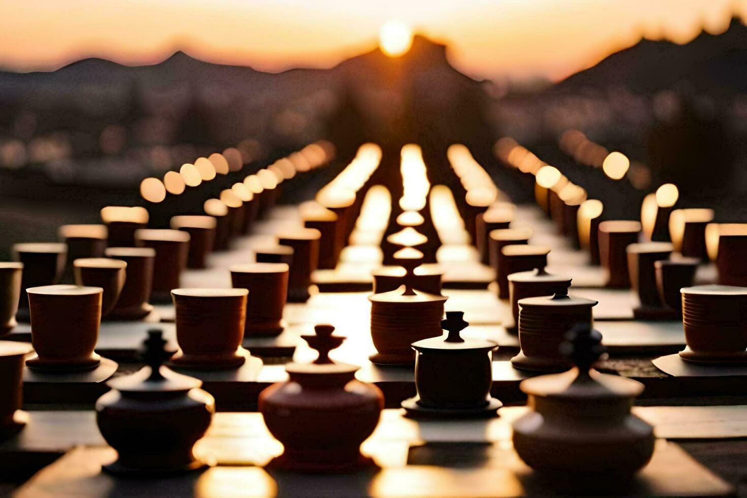 chess pieces on a board at sunset. AI-Generated photo