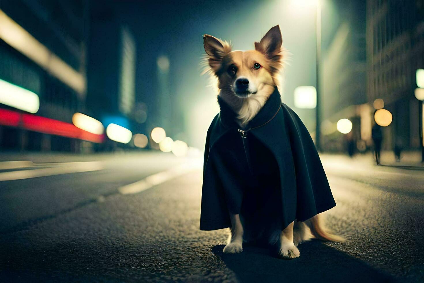 a dog wearing a cape on the street at night. AI-Generated photo