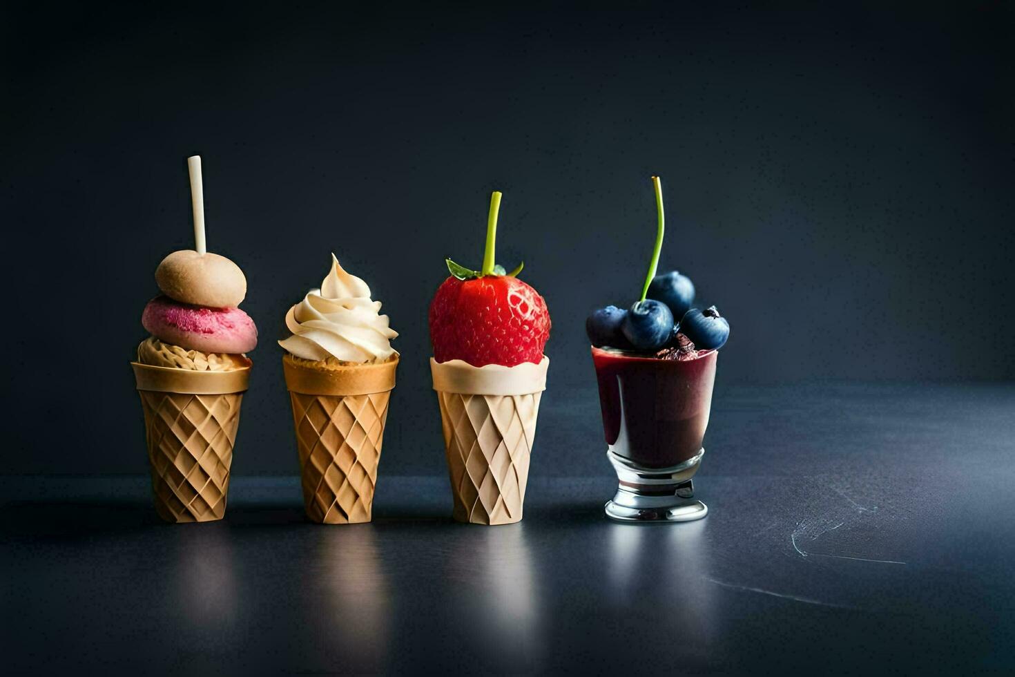 three ice cream cones with different flavors of ice cream. AI-Generated photo