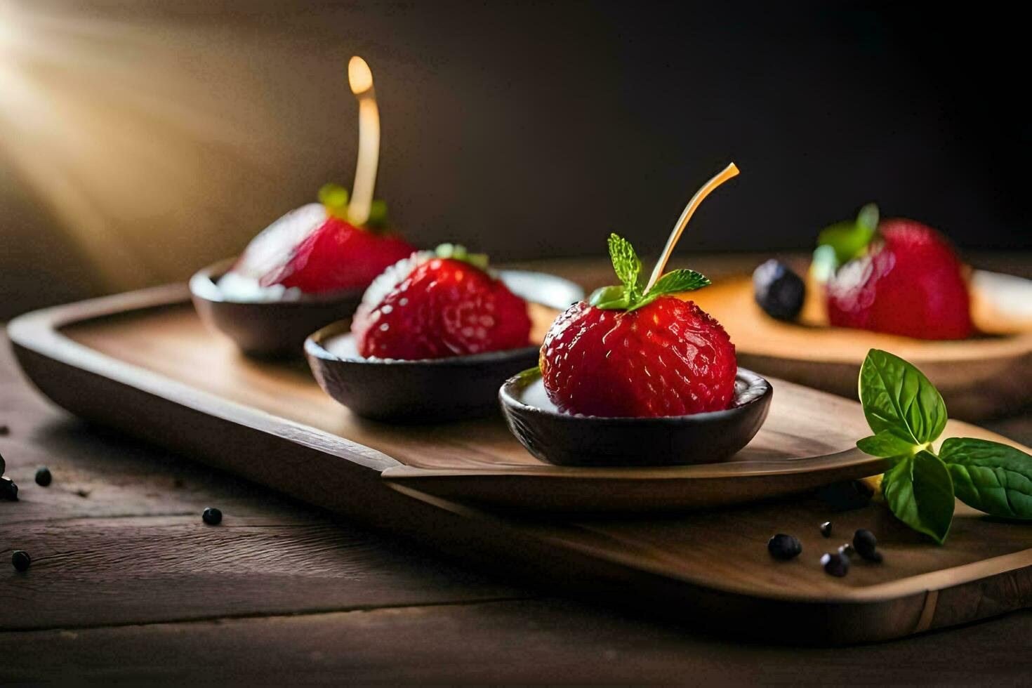 three strawberries on a wooden tray with black pepper. AI-Generated photo