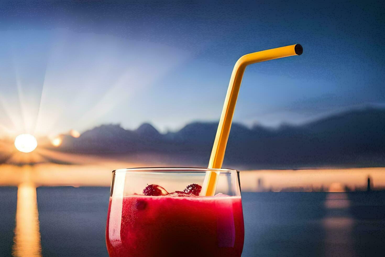 un vaso de jugo con un Paja en el playa. generado por ai foto