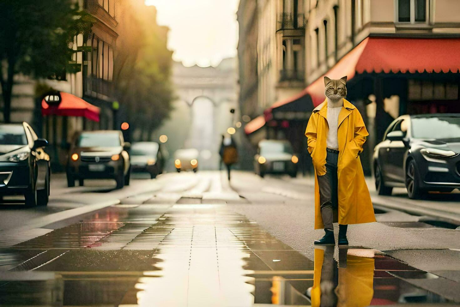a cat in a yellow coat standing on a city street. AI-Generated photo