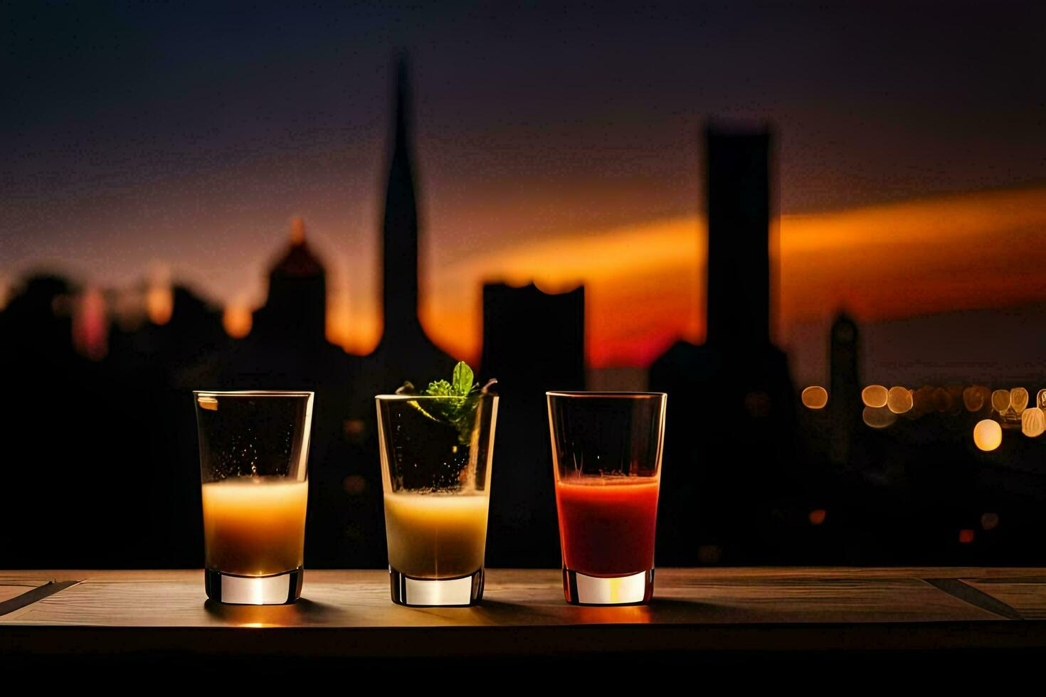 three glasses of juice with the city in the background. AI-Generated photo