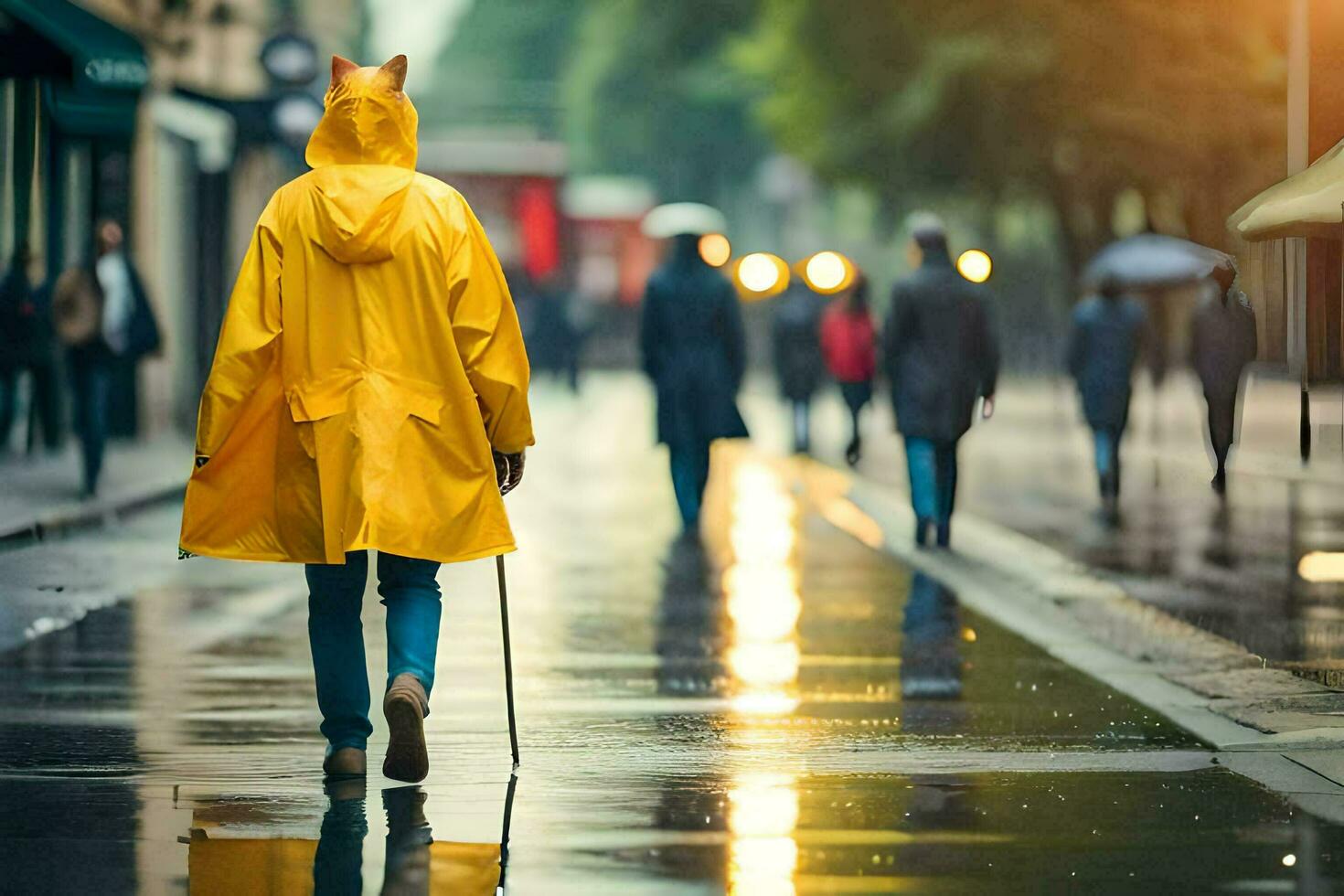a person walking in the rain with a yellow raincoat. AI-Generated photo