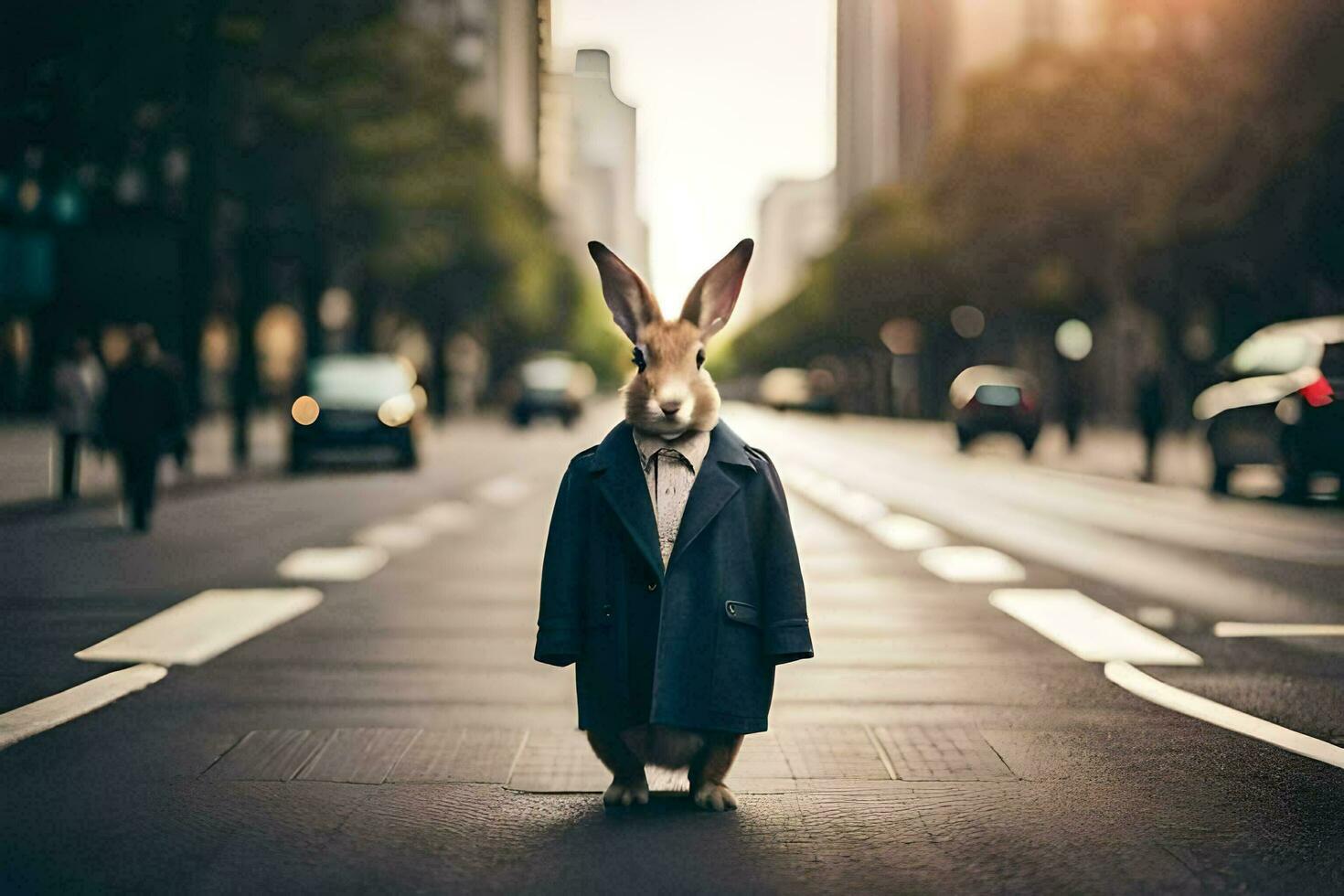 a rabbit wearing a suit and tie standing on the street. AI-Generated photo