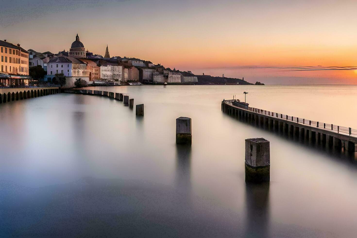 a long exposure photograph of a pier at sunset. AI-Generated photo