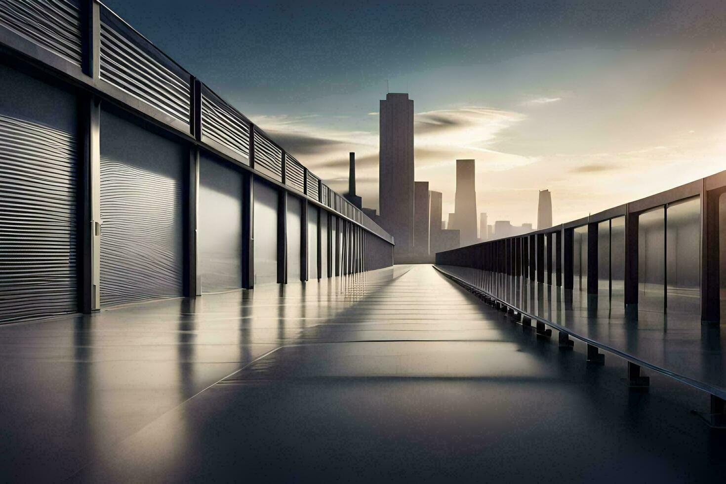 a long walkway with a city skyline in the background. AI-Generated photo