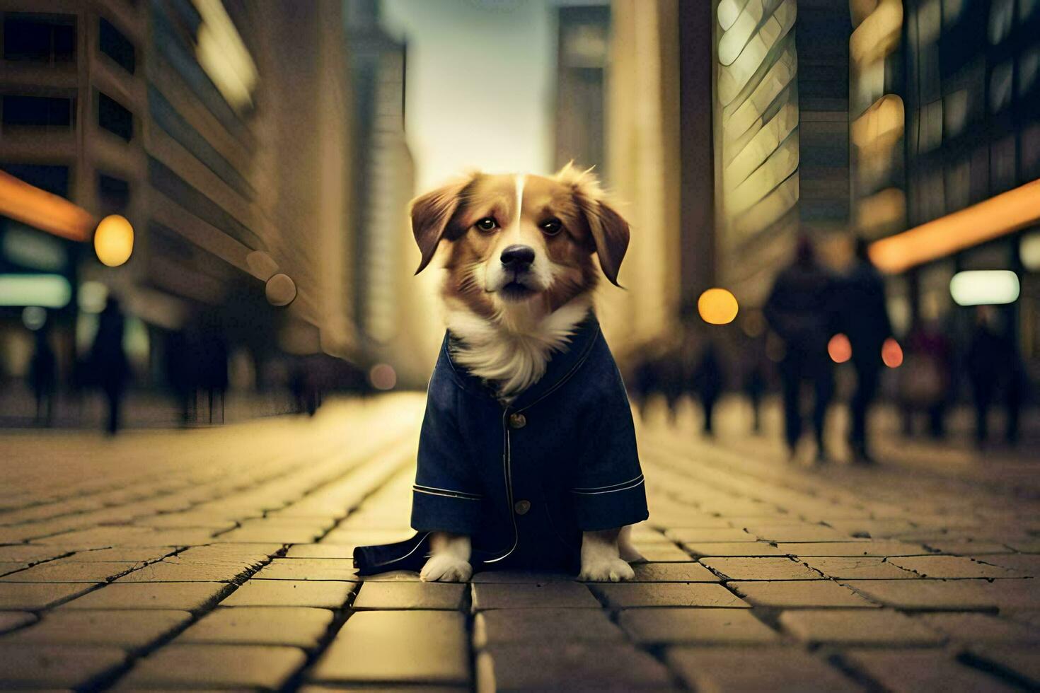 a dog wearing a coat sits on the street. AI-Generated photo