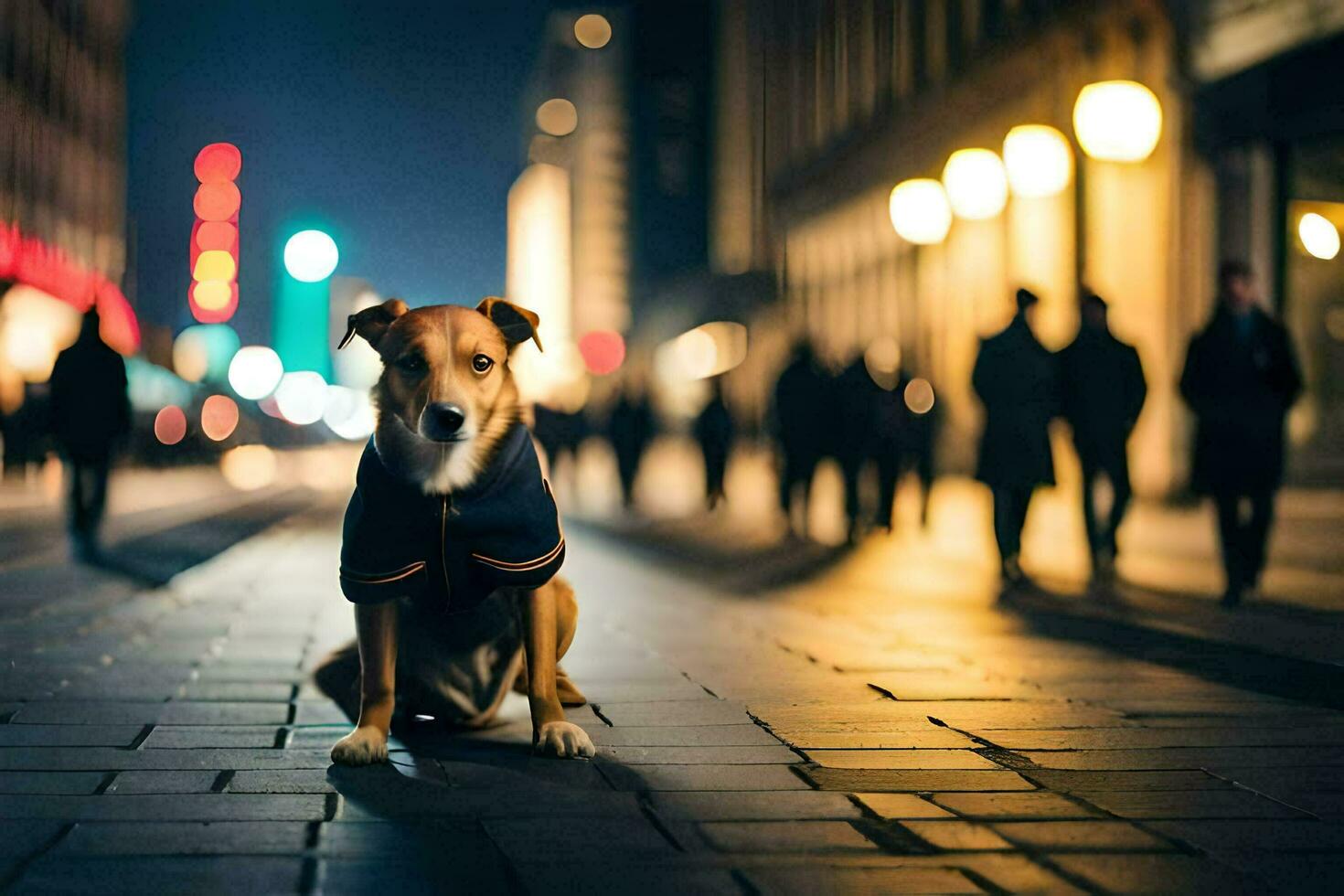 a dog sitting on the sidewalk at night. AI-Generated photo