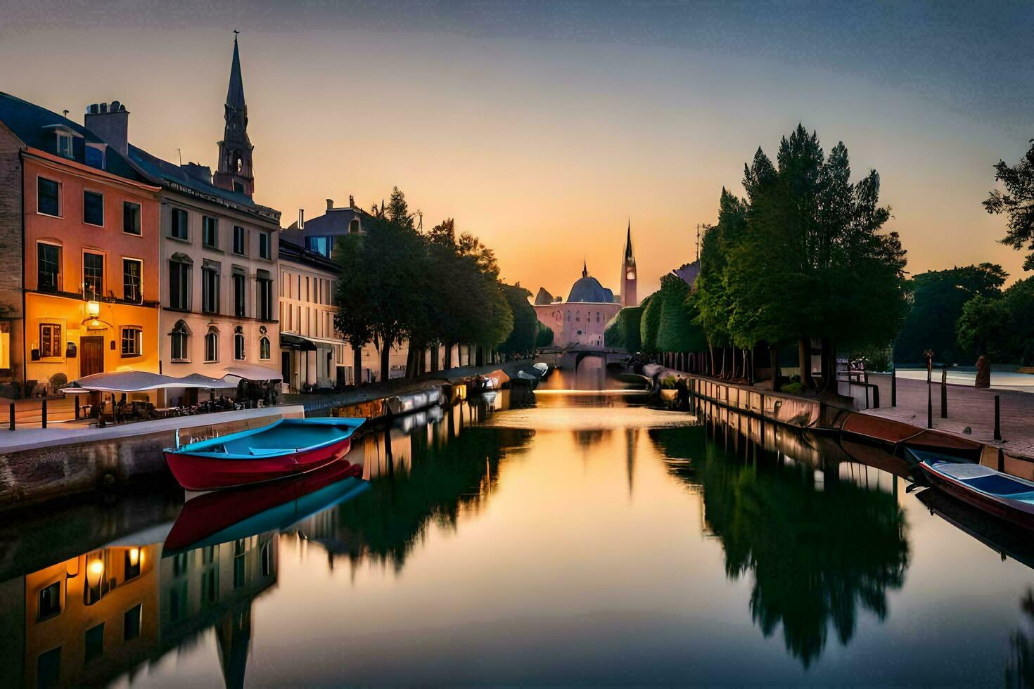 a canal in the middle of a city at sunset. AI-Generated photo