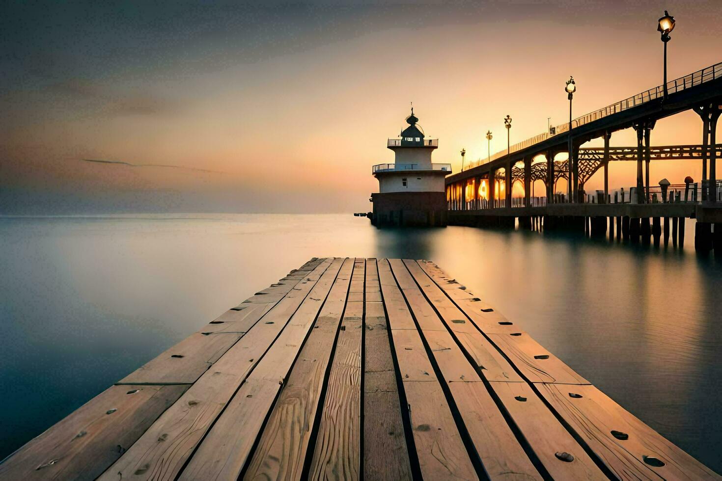 a pier with a lighthouse at sunset. AI-Generated photo