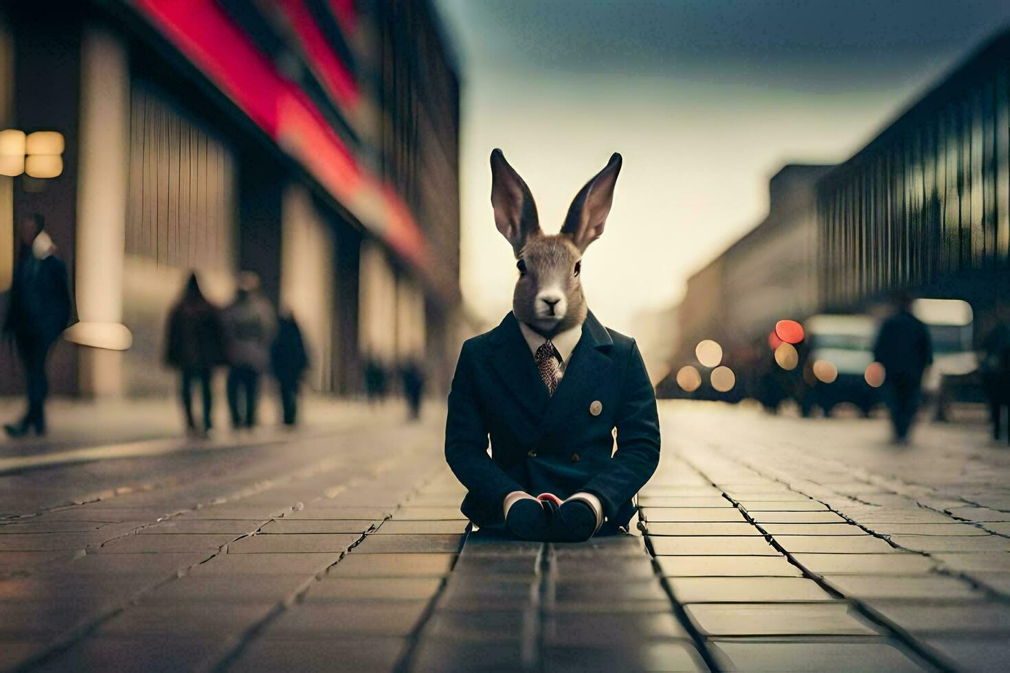 a rabbit wearing a suit sits on the ground. AI-Generated photo
