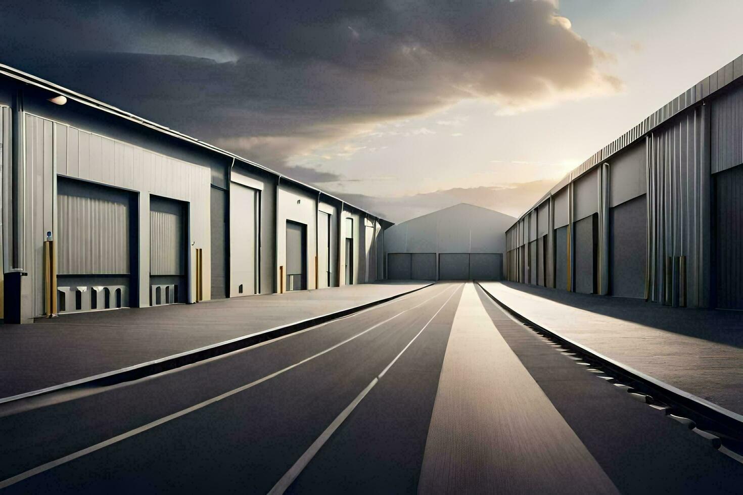 a long empty warehouse with a sky background. AI-Generated 30252907