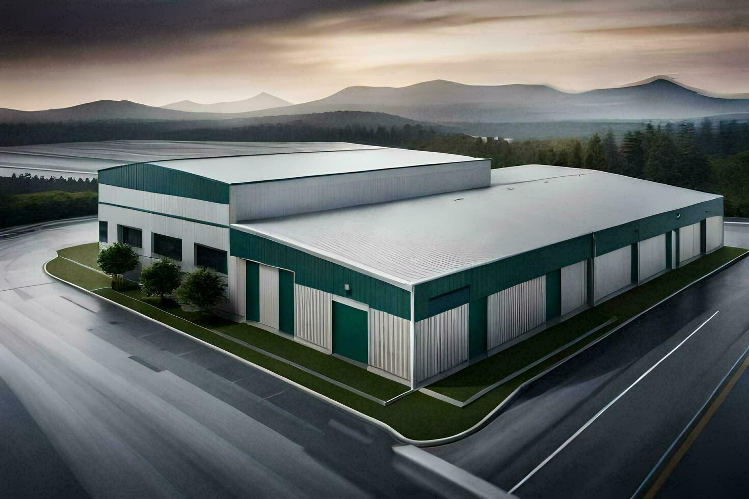 a rendering of a large warehouse building. AI-Generated photo