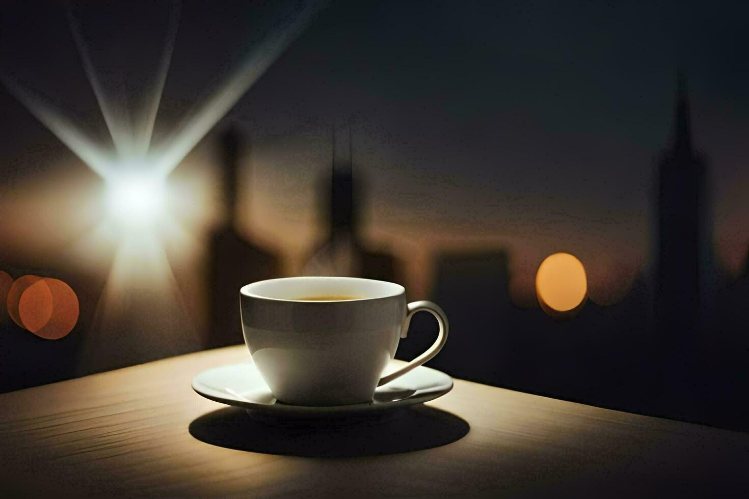 un taza de café en un mesa en frente de un paisaje urbano generado por ai foto