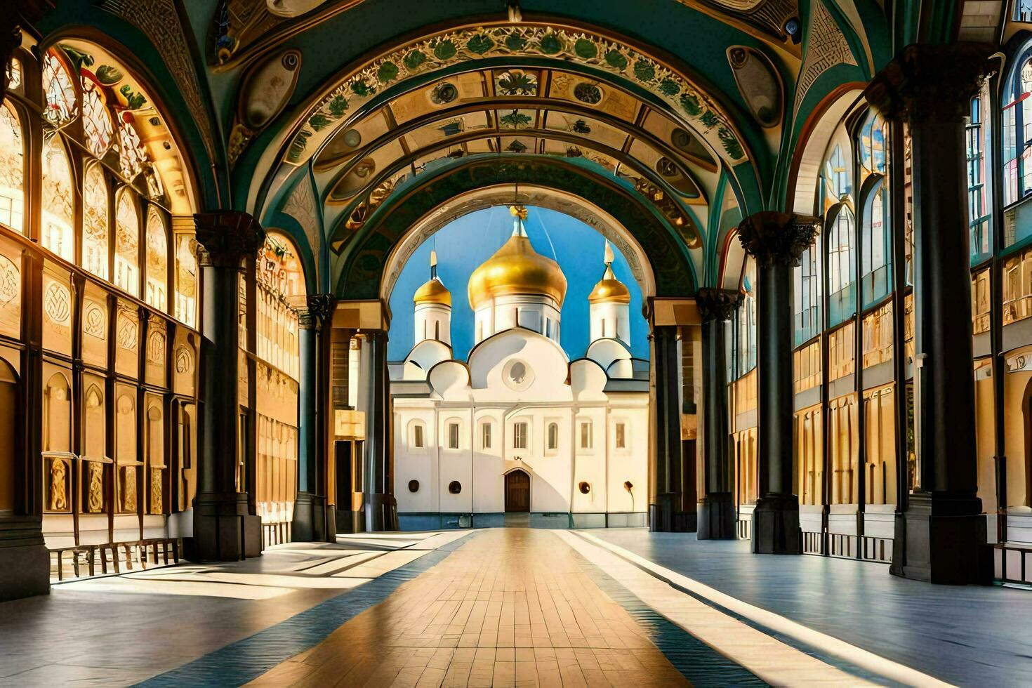 the interior of a cathedral with gold domes. AI-Generated photo