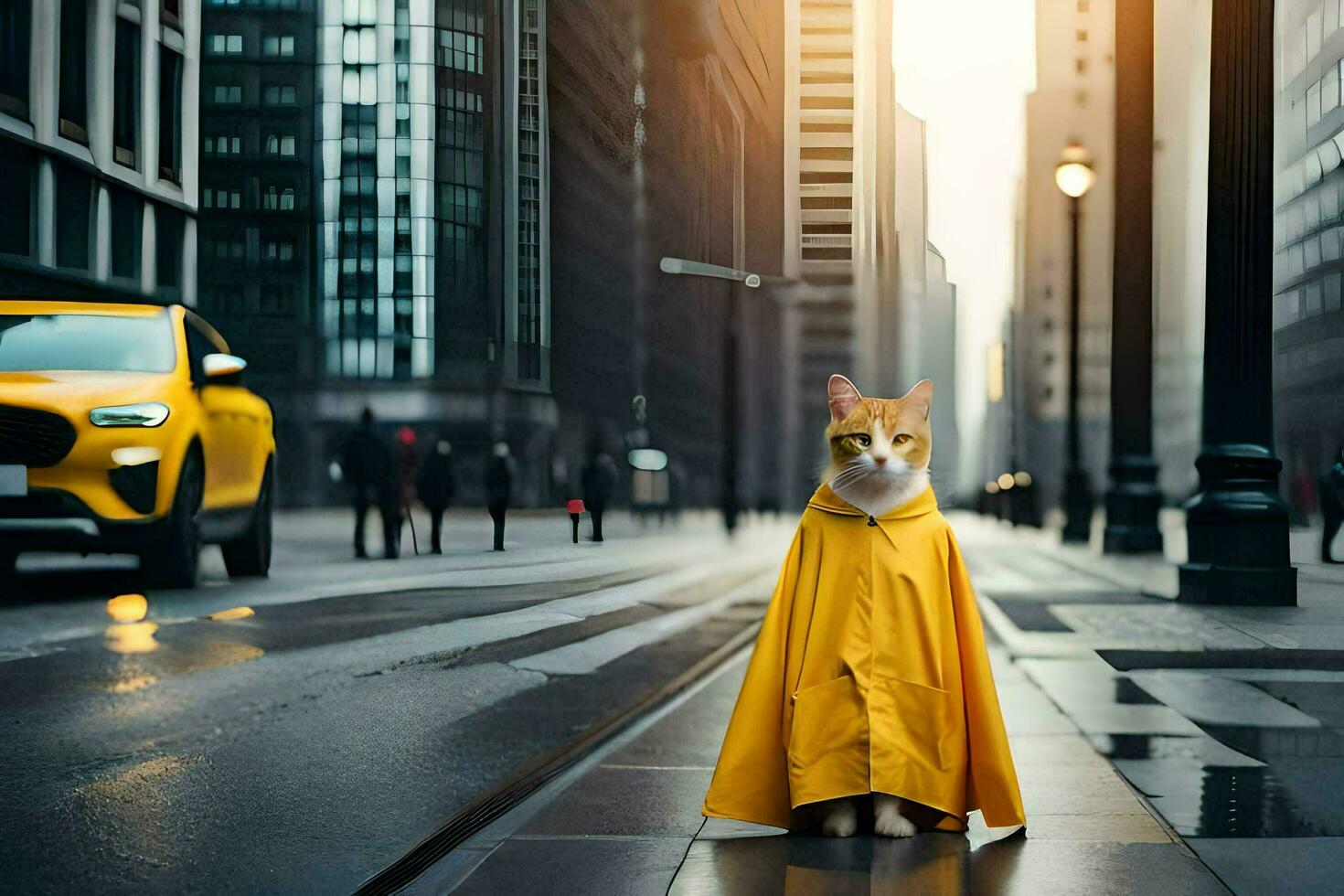 a cat in a yellow raincoat standing on a city street. AI-Generated photo