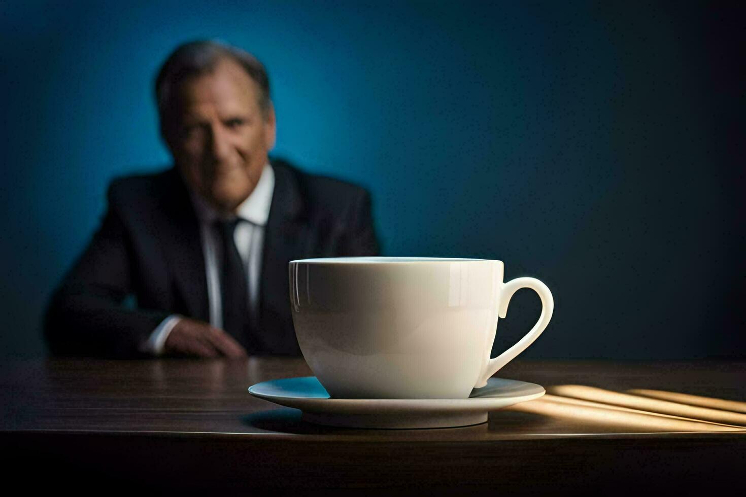 a man in a suit sits in front of a coffee cup. AI-Generated photo