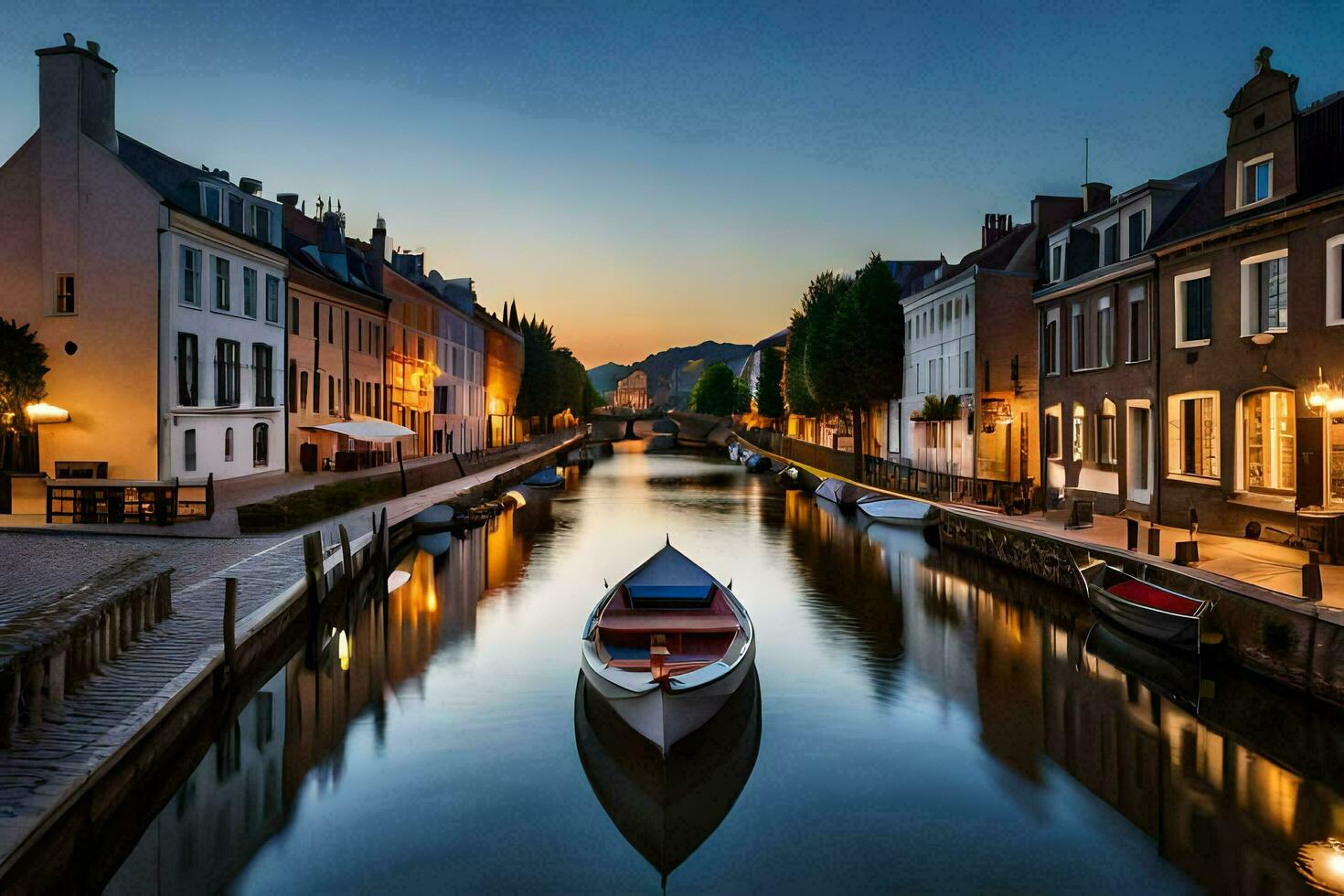 un barco es sentado en un canal a oscuridad. generado por ai foto