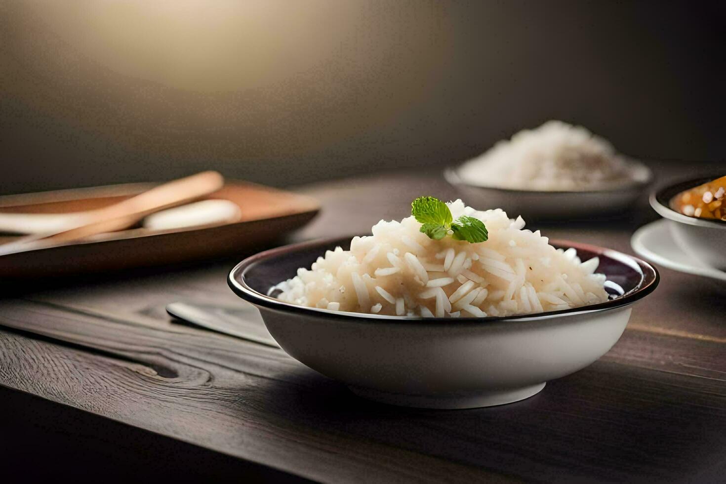 a bowl of rice with a spoon and a bowl of rice. AI-Generated photo