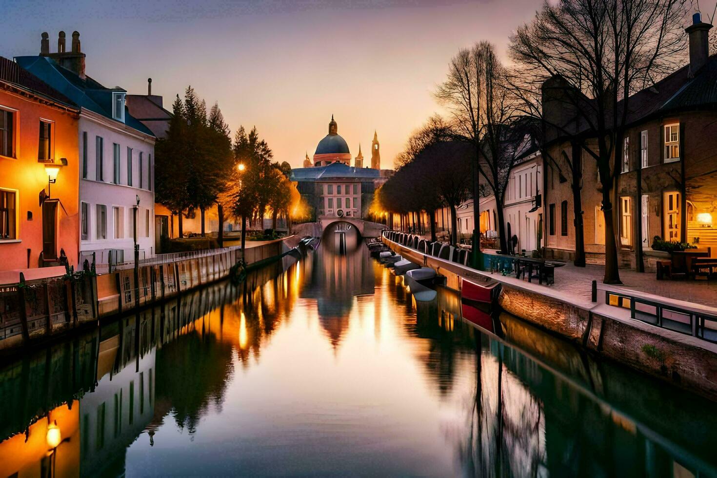 a canal in a city at sunset with buildings and boats. AI-Generated photo