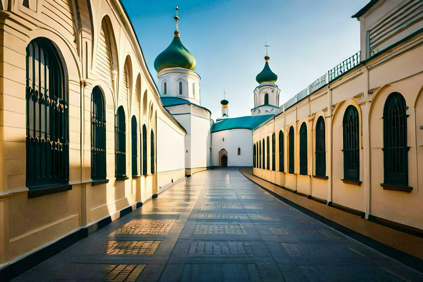 the narrow walkway between two buildings with green domes. AI-Generated photo