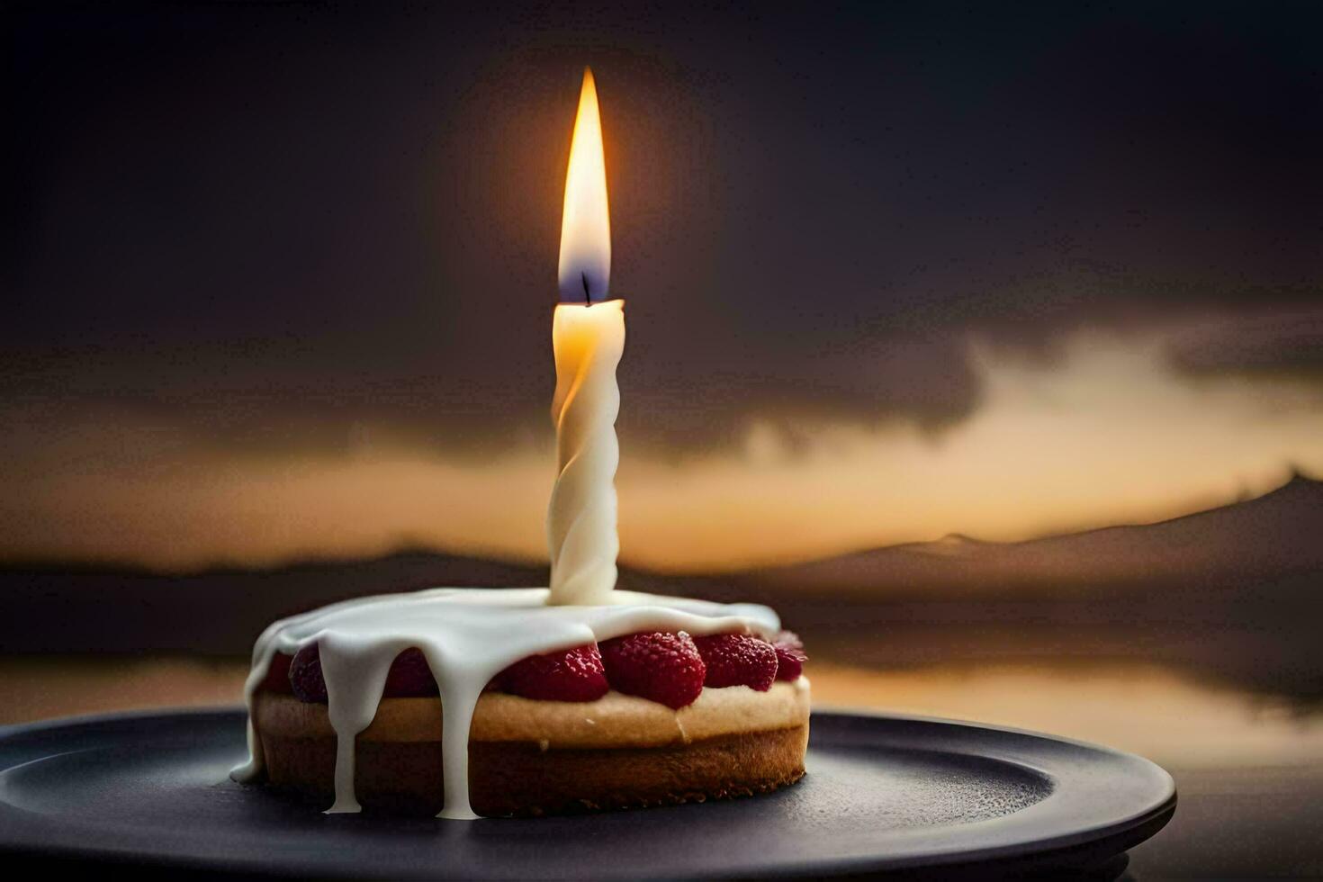 a cake with a single candle on top. AI-Generated photo