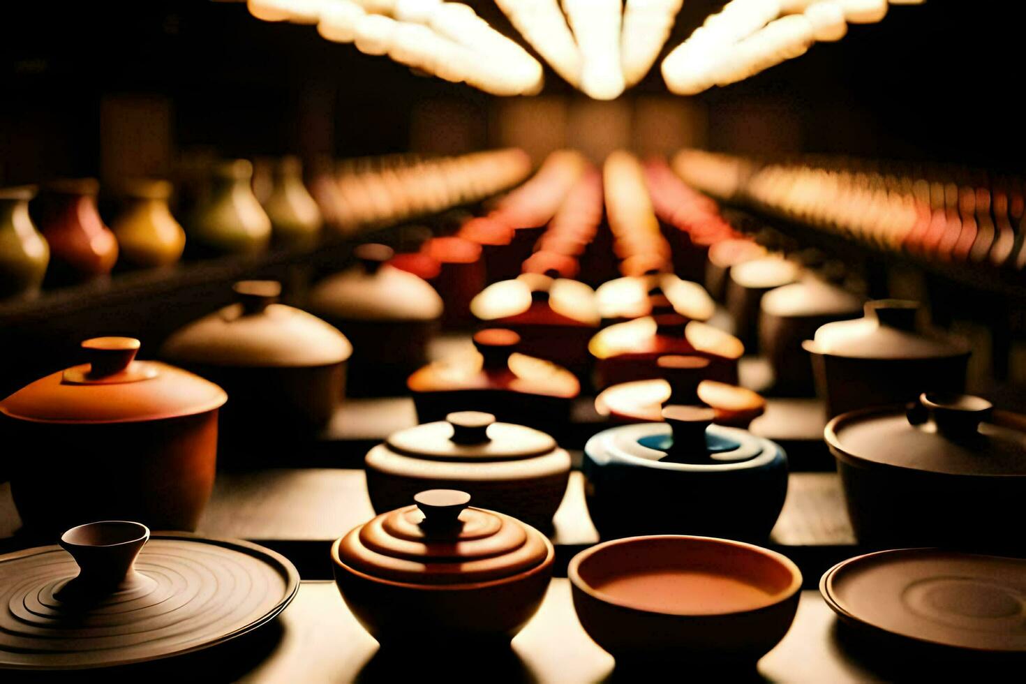 a row of pots and bowls in a dark room. AI-Generated photo