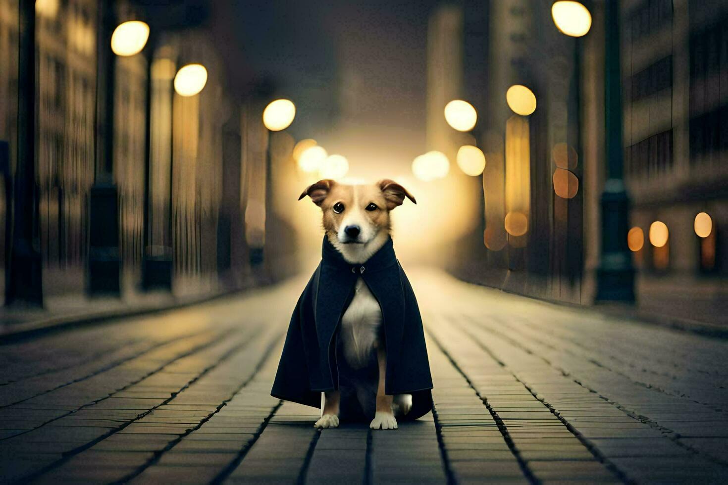 a dog wearing a cape standing on a street. AI-Generated photo