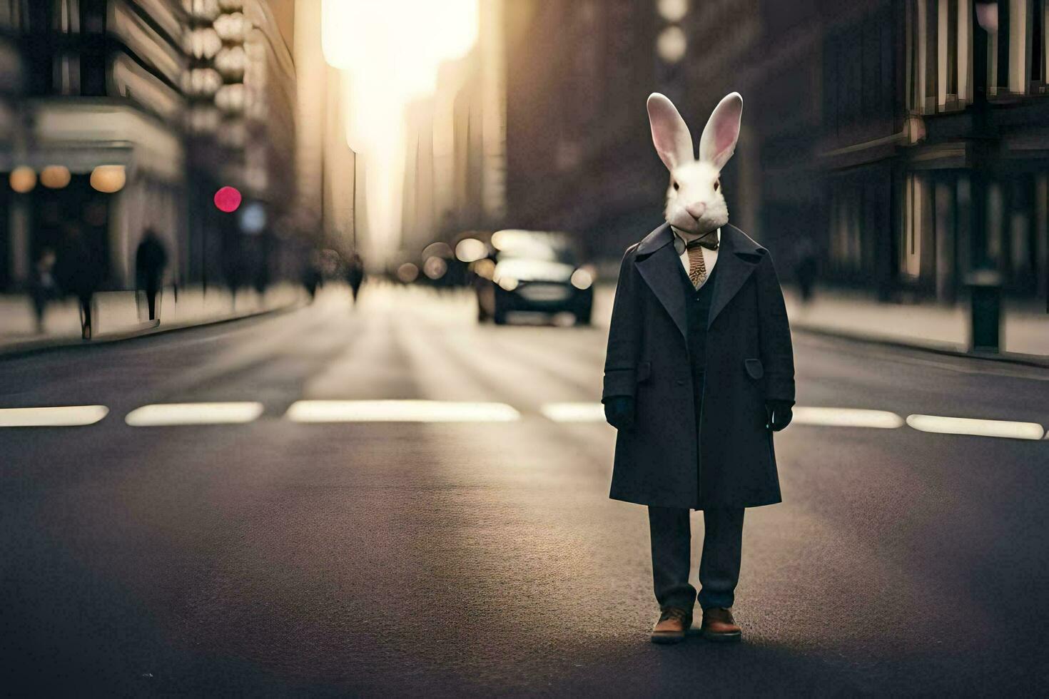 a rabbit wearing a suit and tie standing in the middle of a city street. AI-Generated photo