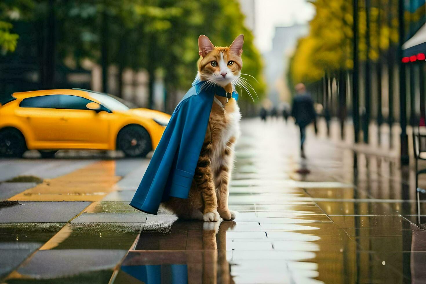 a cat wearing a cape on a rainy day. AI-Generated photo